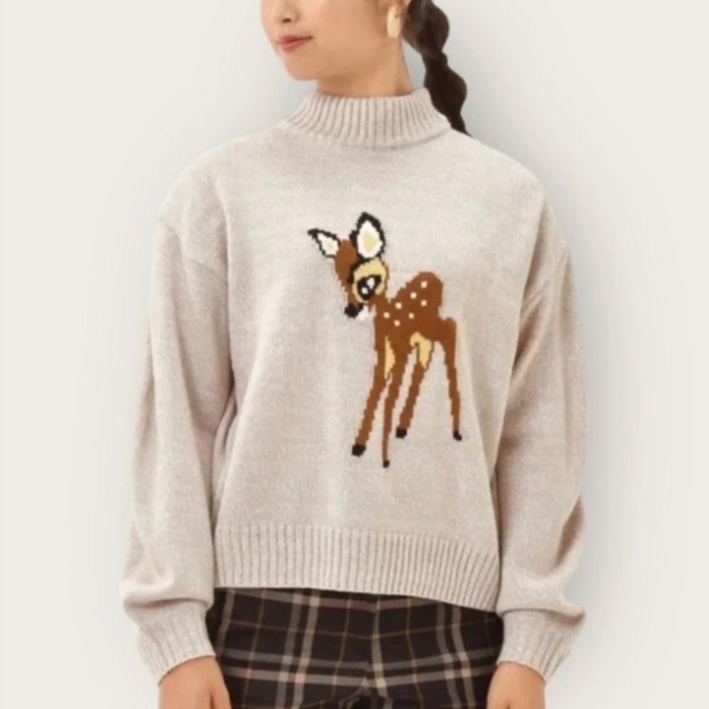 Beige Deer Intarsia Mock Neck Sweater